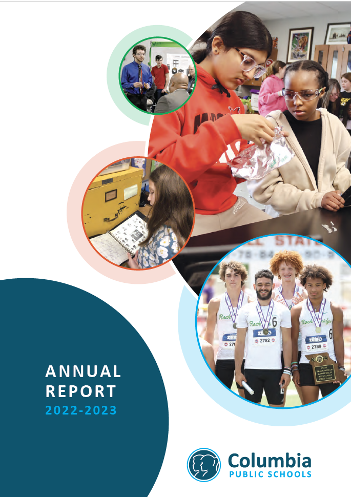 2022 CPS Annual Report Cover image with four circles feature students the words Annual Report 2022-23 and the CPS Logo